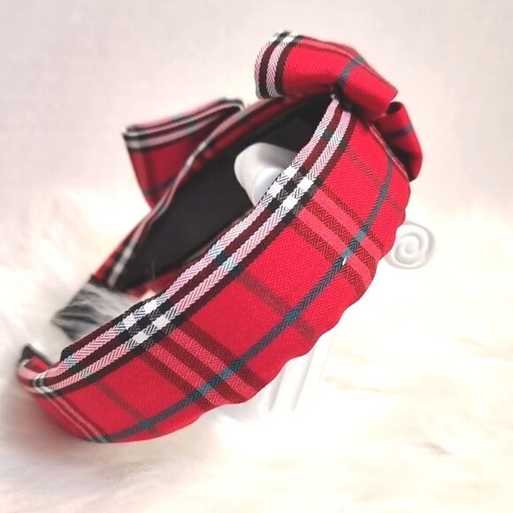 PLAID SIDE BOW HEADBAND Red white green black fabric - Picture 3 of 6
